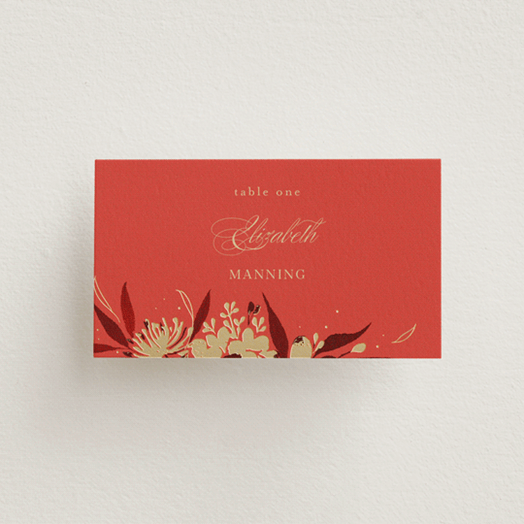 "Happiness" - Place Cards in Cherry by Shannon Chen of Four Wet Feet Studio - Front