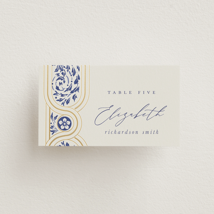 "Tiled Romance" - Place Cards in Dynasty Blue by Ana de Sousa - Front