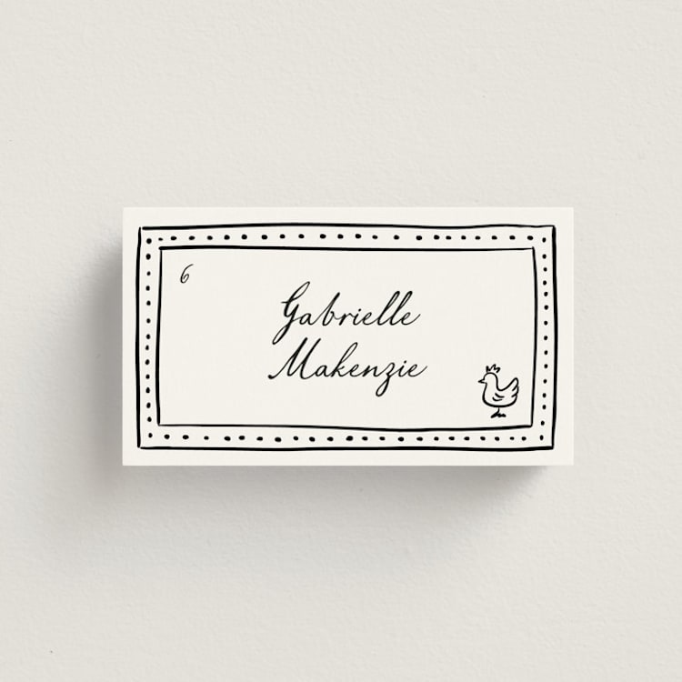 "Sketched Frame" - Place Cards - Chicken in Onyx by Erin Deegan - Front