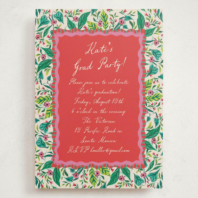 "Whimsical Hand Illustrated Crest" - Graduation Party Invitations in Peony by Jackie Crawford - Front