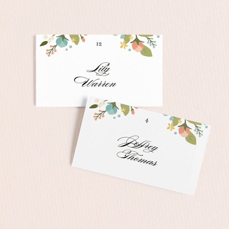 "Floral Ampersand" - Place Cards in Sea Breeze by Jennifer Wick - Front