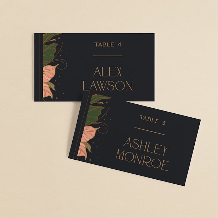 "Elegant Leaves" - Place Cards in Slate by GeekInk Design - Front