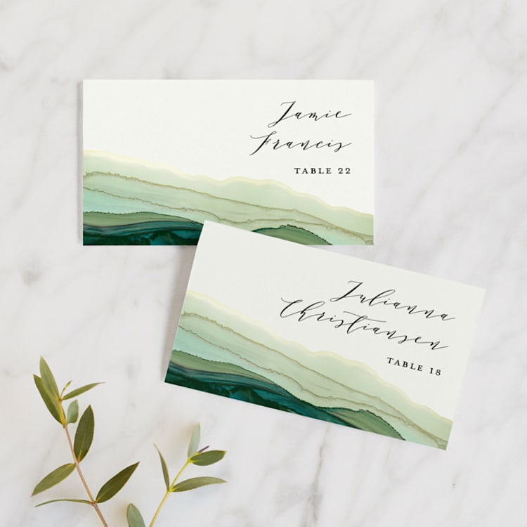 "Flow" - Place Cards in Emerald by Three Kisses Studio - Front