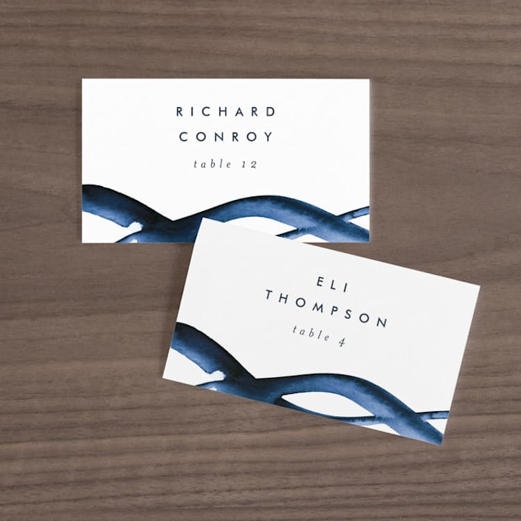 "Wedded Watercolor" - Place Cards in Ocean by Mary Gaspar - Front