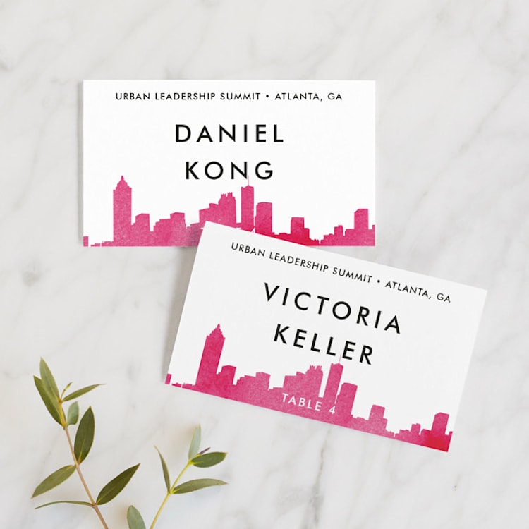 "Skyline Atlanta" - Place Cards in Magenta by Laura Condouris - Front
