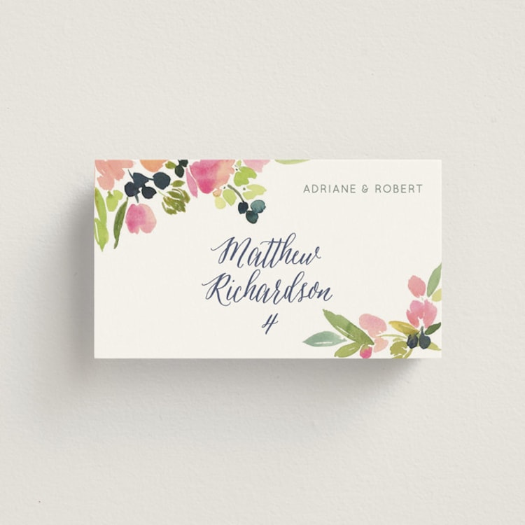 "Watercolor Wreath" - Place Cards in Grapefruit by Yao Cheng Design - Front