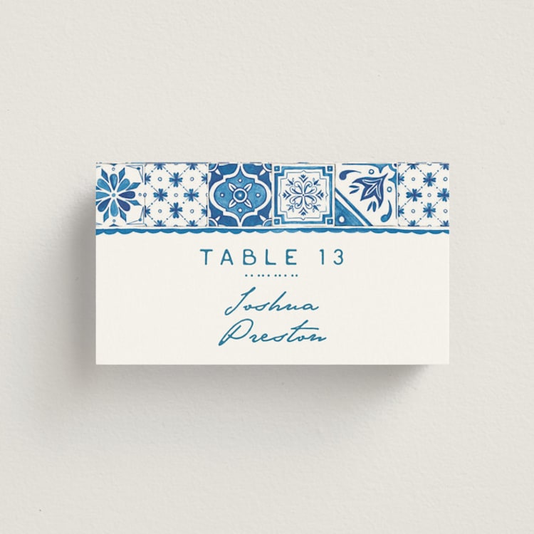 "watercolor tile" - Place Cards in Navy by Anastasia Makarova - Front
