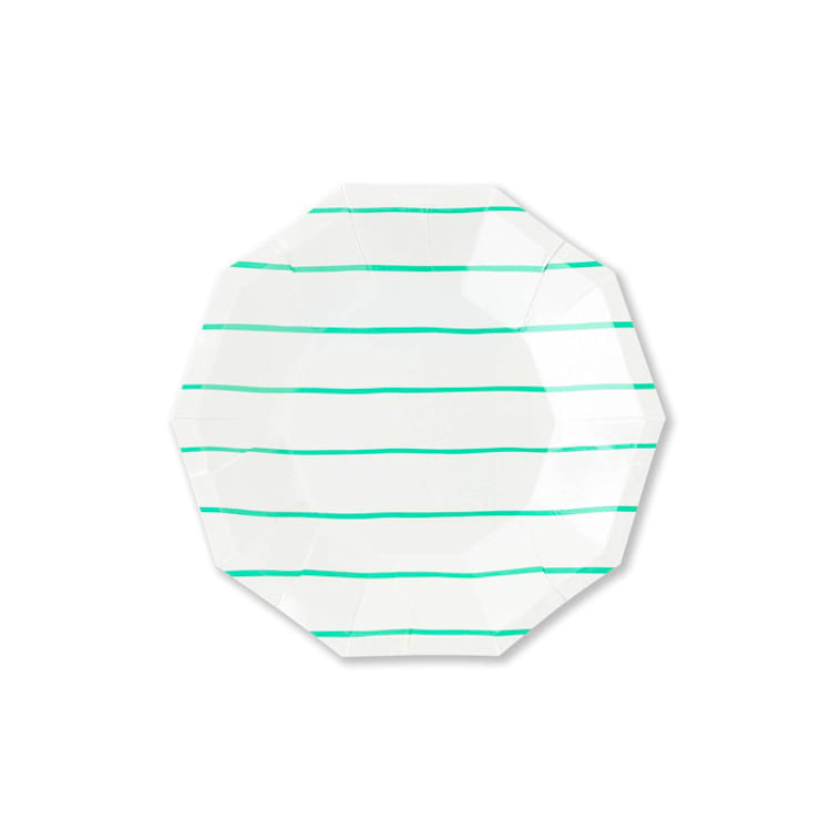 "Clover Frenchie Stripes Small Plates" - Party Plates and Bowls in green by Jollity and Co