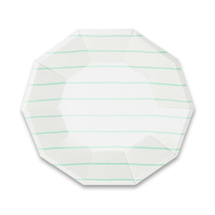"Mint Frenchie Stripes Large Plates" - Party Plates and Bowls in green by Jollity and Co