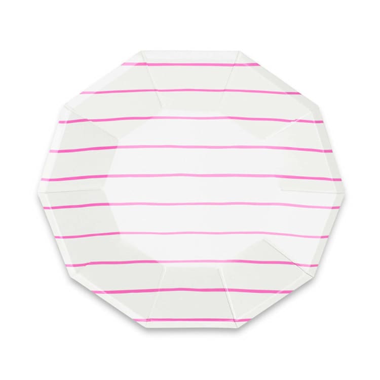 "Cerise Frenchie Stripes Large Plates" - Party Plates and Bowls in pink by Jollity and Co