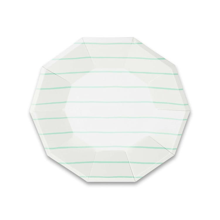 "Mint Frenchie Stripes Small Plates" - Party Plates and Bowls in green by Jollity and Co