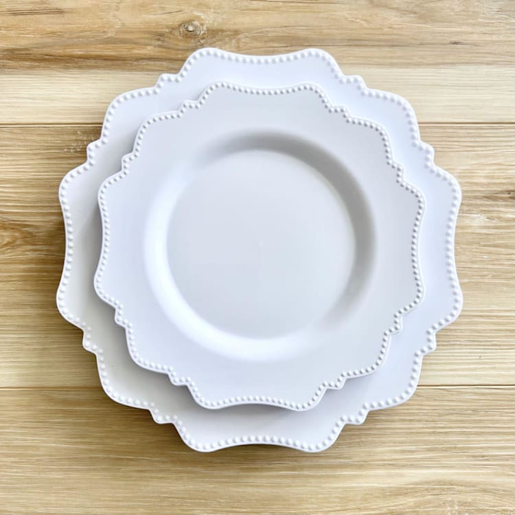 "Beaded Luxe Dinnerware Set | Cool White" - Party Plates and Bowls in white by Prêt-à-PartyNY