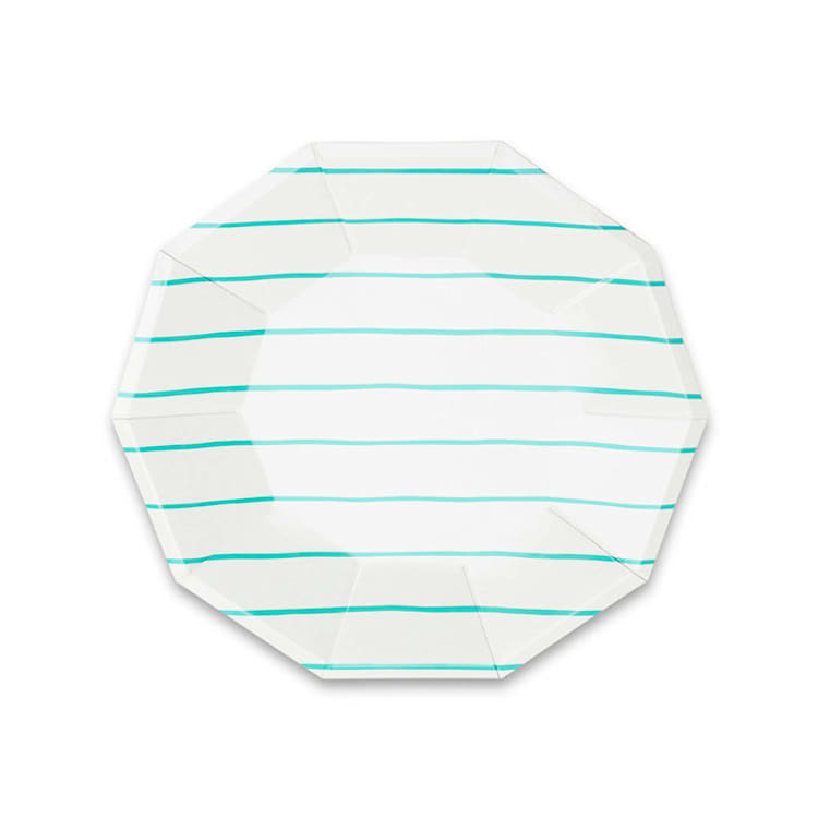 "Aqua Frenchie Stripes Small Plates" - Party Plates and Bowls in blue by Jollity and Co