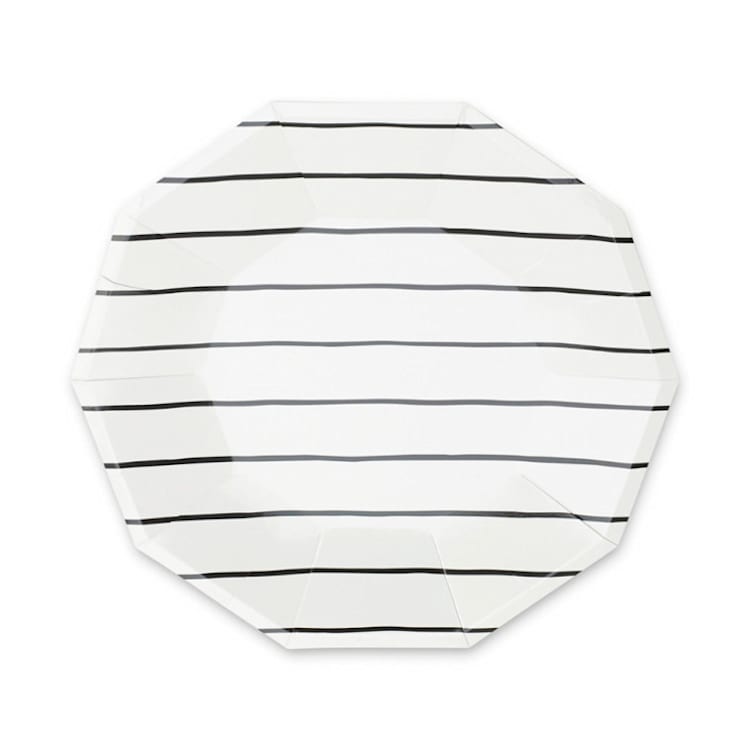 "Ink Frenchie Striped Large Plates - Set of 8" - Party Plates and Bowls in black by Jollity and Co