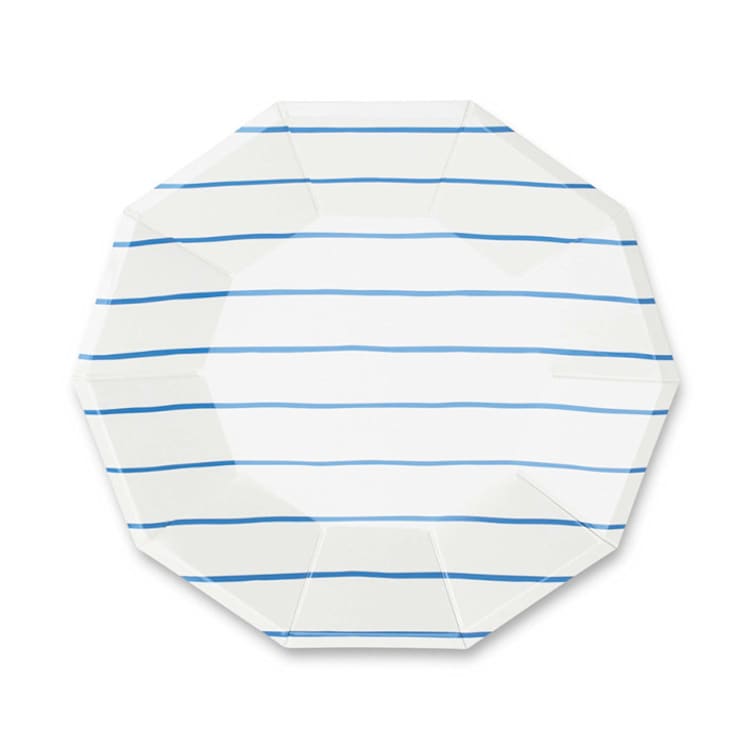 "Cobalt Frenchie Stripes Small Plates" - Party Plates and Bowls in blue by Jollity and Co