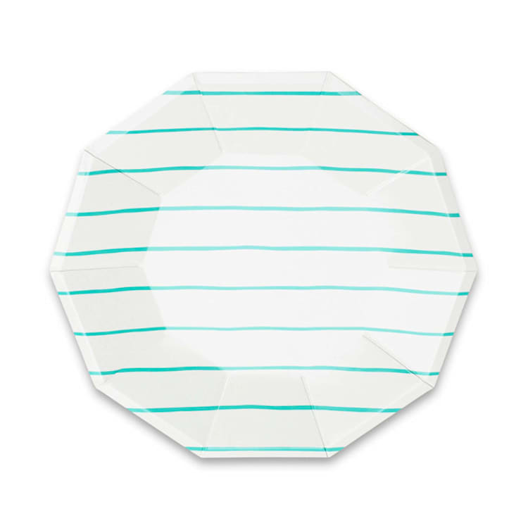 "Aqua Frenchie Stripes Large Plates" - Party Plates and Bowls in blue by Jollity and Co