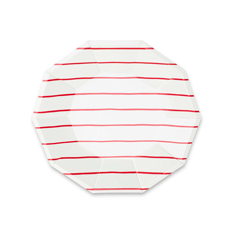"Candy Apple Frenchie Stripes Small Plates" - Party Plates and Bowls in red by Jollity and Co