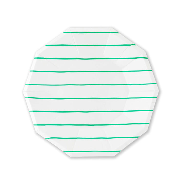 "Clover Frenchie Stripes Large Plates" - Party Plates and Bowls in green by Jollity and Co