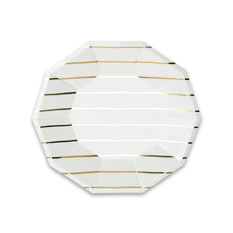 "Gold Metallic Frenchie Stripes Small Plates" - Party Plates and Bowls in gold by Jollity and Co