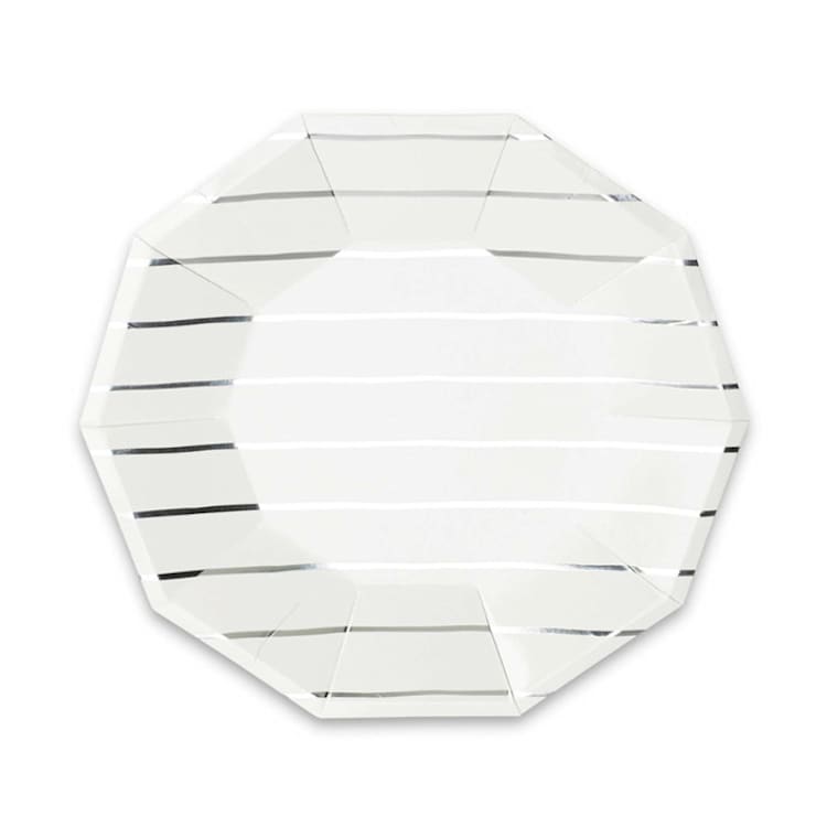 "Silver Metallic Frenchie Stripes Large Plates" - Party Plates and Bowls in silver by Jollity and Co