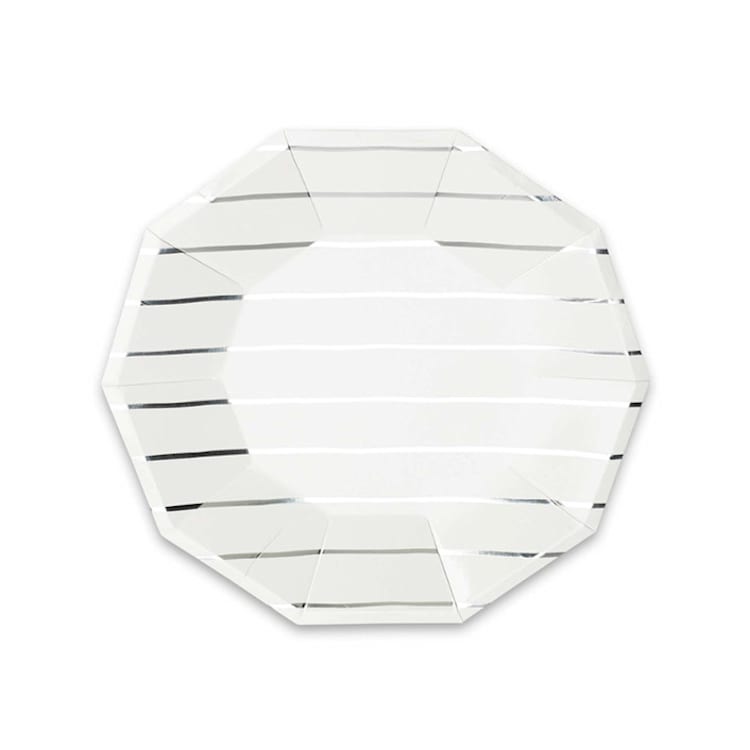 "Silver Metallic Frenchie Stripes Small Plates" - Party Plates and Bowls in silver by Jollity and Co