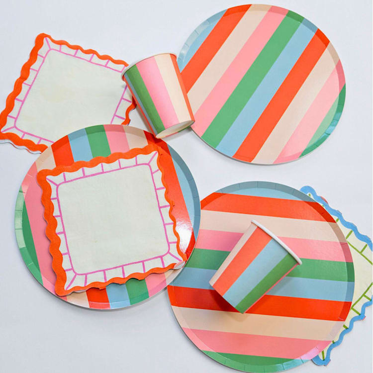 "Vibrant Striped Party Pack – Paper Plates, Cups and Napkins for Every Celebration (x12 person party)" - Party Plates and Bowls in multicolor by POP Party Supplies