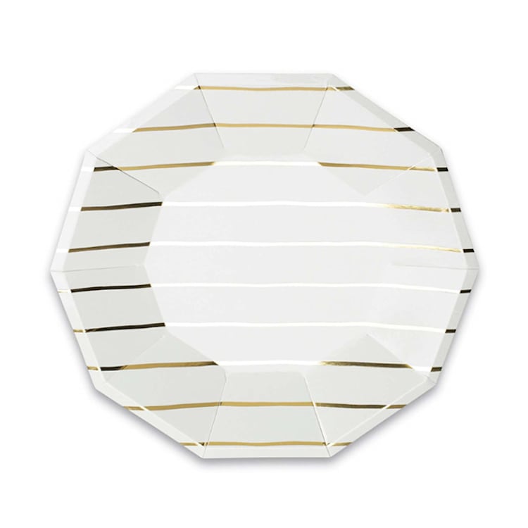 "Gold Metallic Frenchie Stripes Large Plates" - Party Plates and Bowls in gold by Jollity and Co