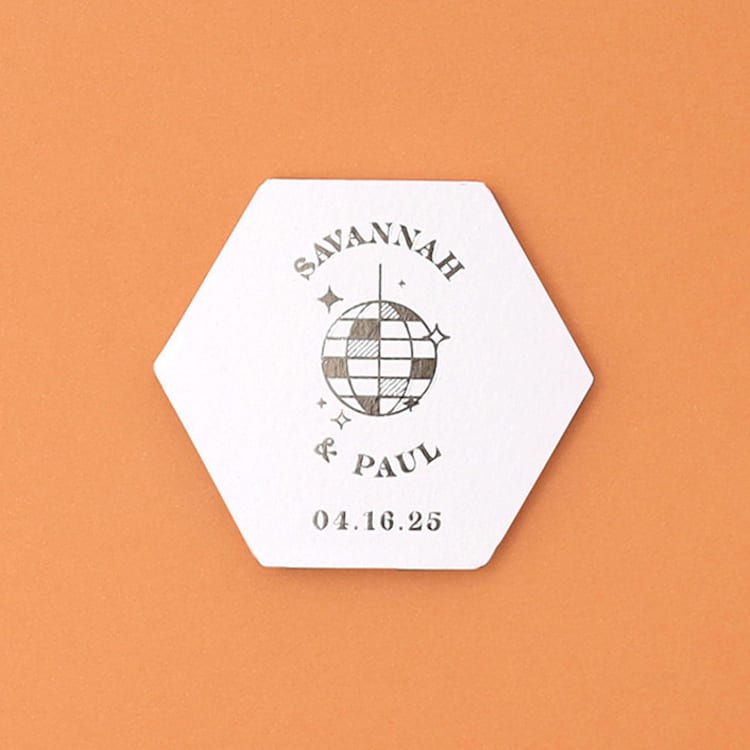 "Custom Retro Disco Ball Coaster, hexagon shape, set of 100" - Party Coasters in white by ForYourParty