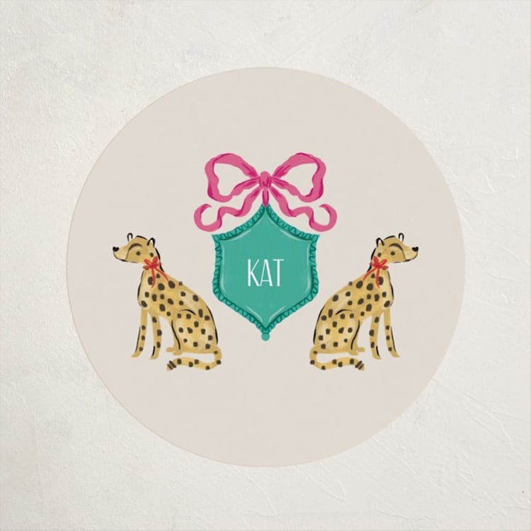 "Whimsical Cheetas" - Party Stickers in Peony by Jackie Crawford - Front