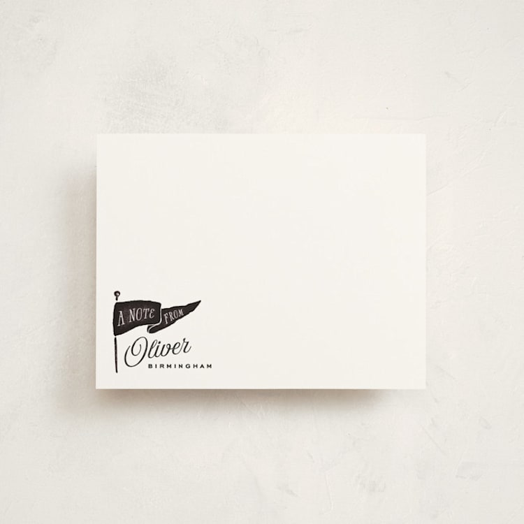 "Vintage Pennant" - Personalized Stationery Cards in Licorice by Oscar and Emma - Karly Depew - Front