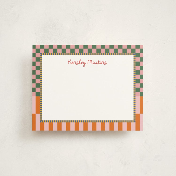 "Checked" - Personalized Stationery Cards in Watermelon by Jenna Holcomb - Front