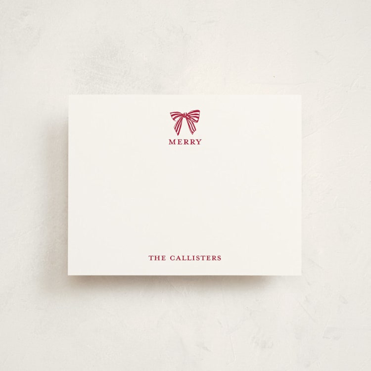 "Stamped with a Bow" - Personalized Stationery Cards in Candy Cane by Mere Paper - Front