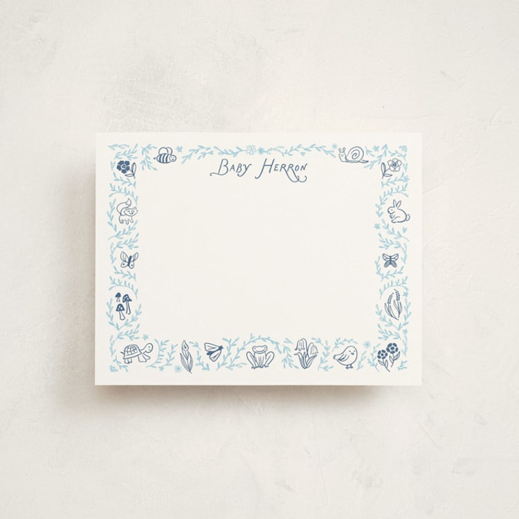 "Baby Garden Friends" - Personalized Stationery Cards in Chambray by Mellary Bitner - Front