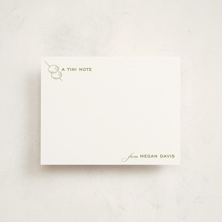 "Dirty Martini" - Personalized Stationery Cards in Olive by Megan Davis - Front