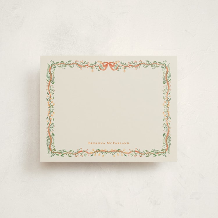 "Red Bow Floral Frame" - Personalized Stationery Cards in Tangerine by Celine Nguyen - Front