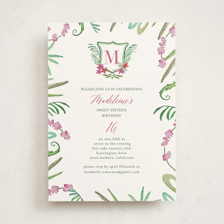 "Tropical Crest" - Sweet Sixteen Party Invitations in Fuschia by Hallie Fischer - Front