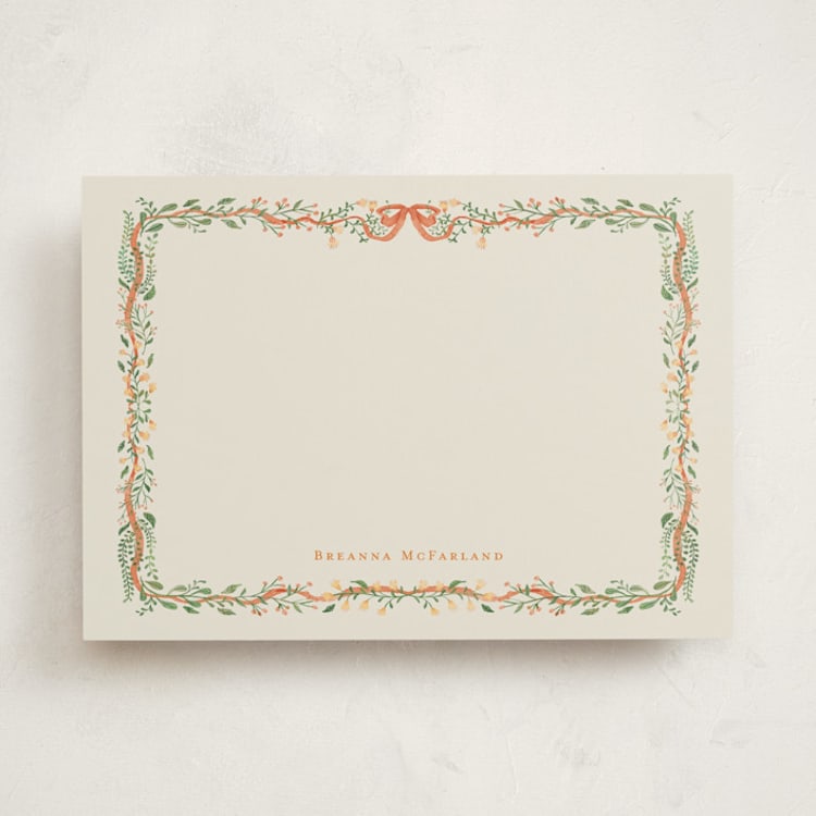 "Red Bow Floral Frame" - Personalized Stationery Cards in Tangerine by Celine Nguyen - Front