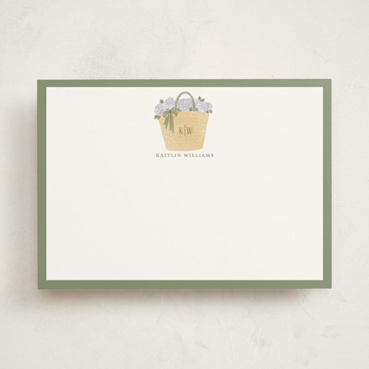 "Hydrangea Tote" - Personalized Stationery Cards in Sage Green by Madhvi Samimi - Front