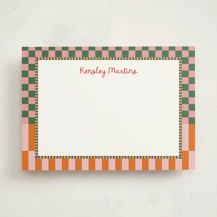 "Checked" - Personalized Stationery Cards in Watermelon by Jenna Holcomb - Front