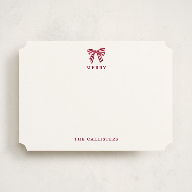 "Stamped with a Bow" - Personalized Stationery Cards in Candy Cane by Mere Paper - Front
