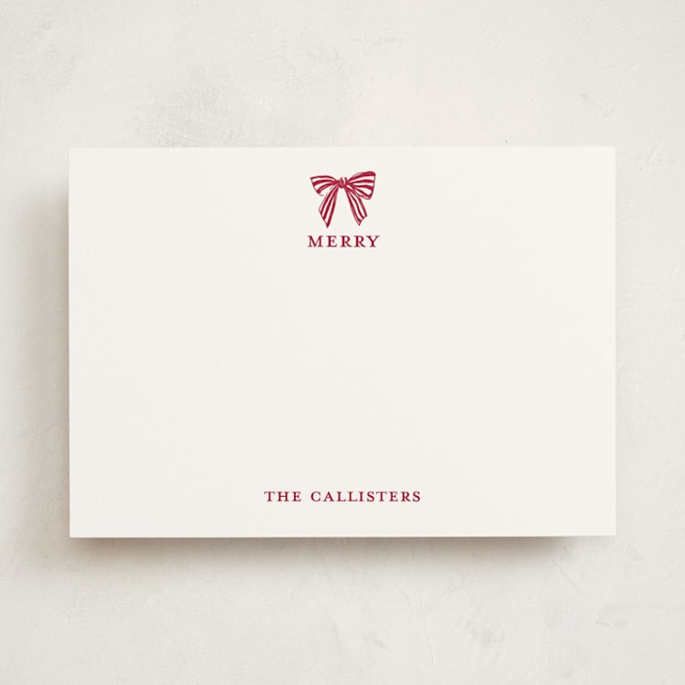 "Stamped with a Bow" - Personalized Stationery Cards in Candy Cane by Mere Paper - Front