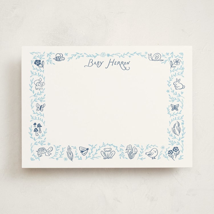 "Baby Garden Friends" - Personalized Stationery Cards in Chambray by Mellary Bitner - Front
