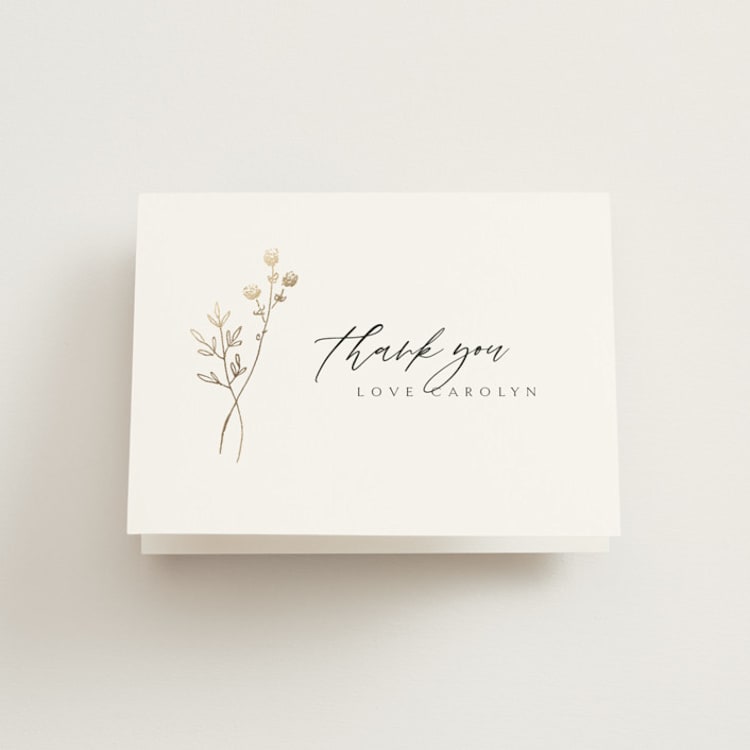 "Rustic Elegance" - Foil-Pressed Bridal Shower Thank You Cards in Silk by Kelly Schmidt - Front