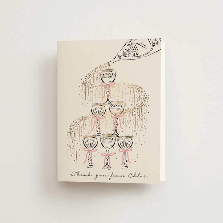 "Sparkling Champagne Tower" - Foil-Pressed Bridal Shower Thank You Cards in Petal by Jackie Crawford - Front