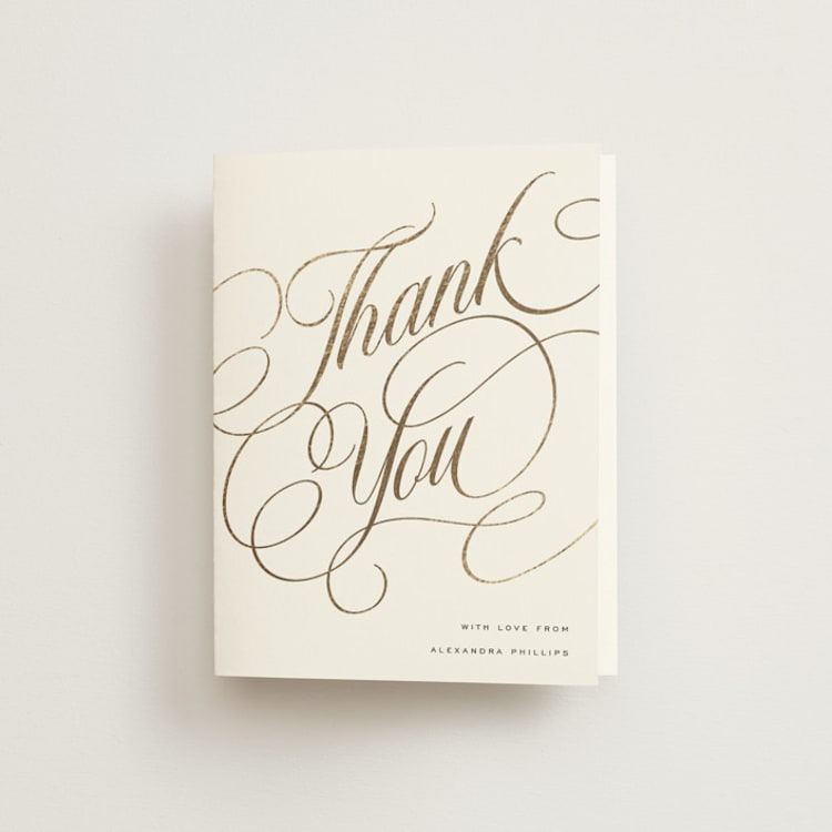 "Bridal Shower Script" - Foil-Pressed Bridal Shower Thank You Cards in Snow by Stacy Maalouf - Front