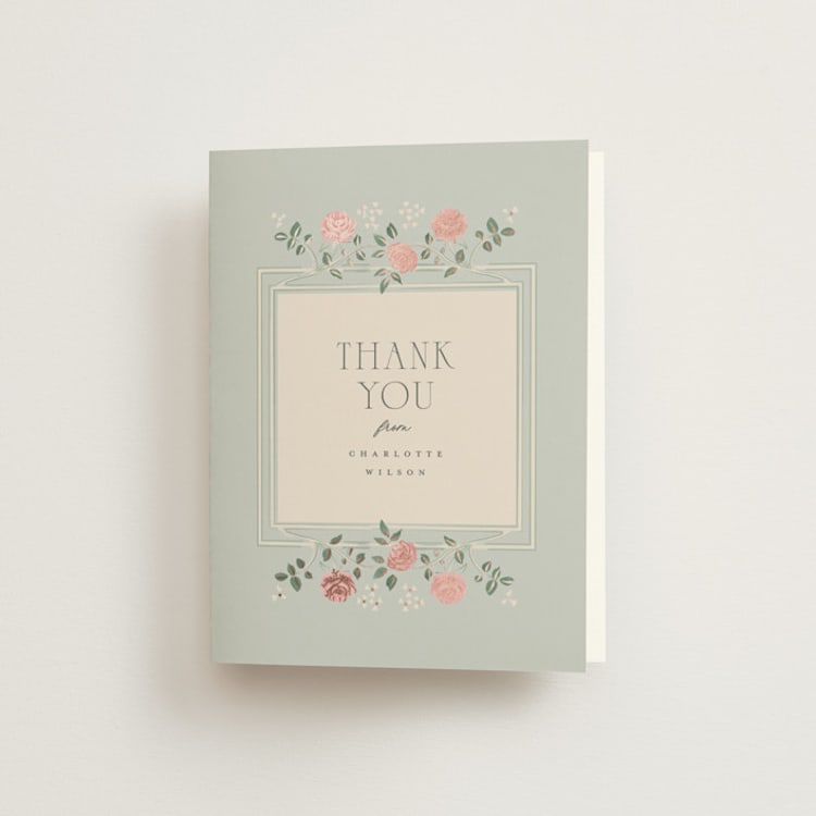"Parisian Roses" - Foil-Pressed Bridal Shower Thank You Cards in Antique Sky by Ana de Sousa - Front