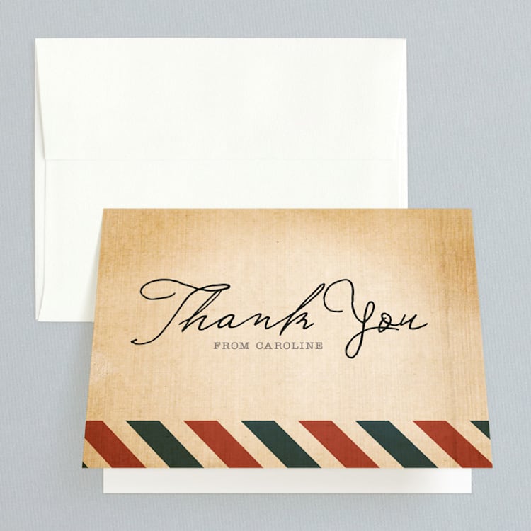 "Vintage Pack Your Bags" - Bridal Shower Thank You Cards in red | blue by Dawn Jasper - Front