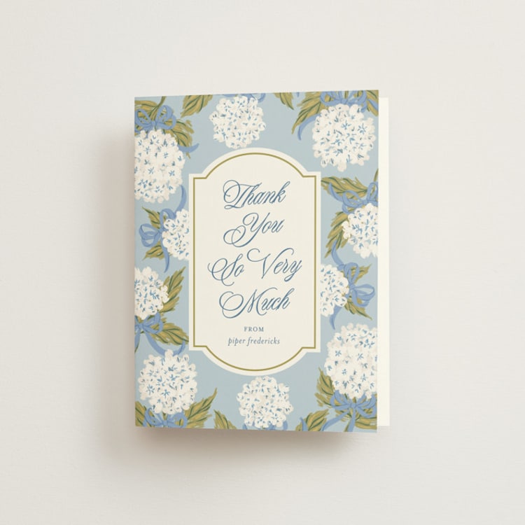 "Hydrangea bow bouquets" - Bridal Shower Thank You Cards in Blue Bell by Jackie Crawford - Front