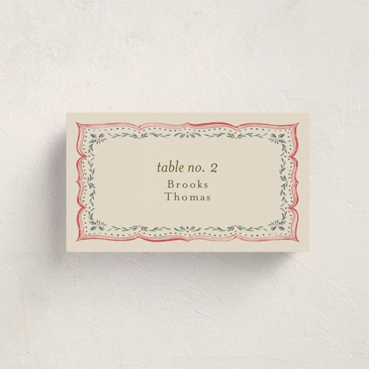 "Ribbon Stripe Holiday" - Party Place Cards in Candy Apple by Chris Griffith - Front with Free Guest Printing