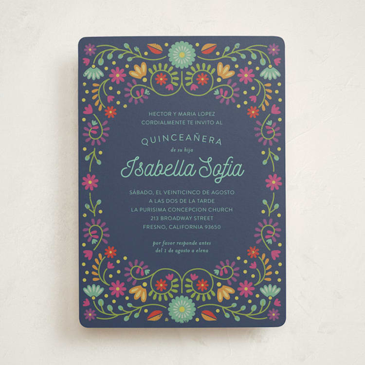 "Fiesta Floral" - Quinceanera Invitations in Navy by Laura Hankins - Front